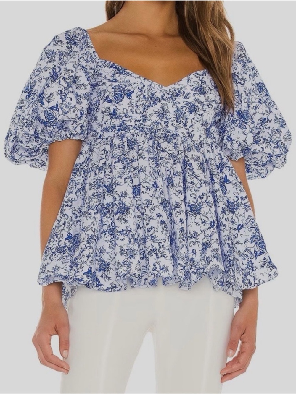 NWT Caroline Constas Brie Blue Floral Puff-Sleeve Peplum Top